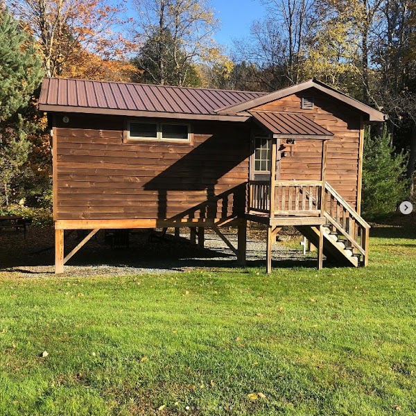 Cabin rentals Catskills near Livingston Manor — rustic creek-front cabin surrounded by autumn foliage